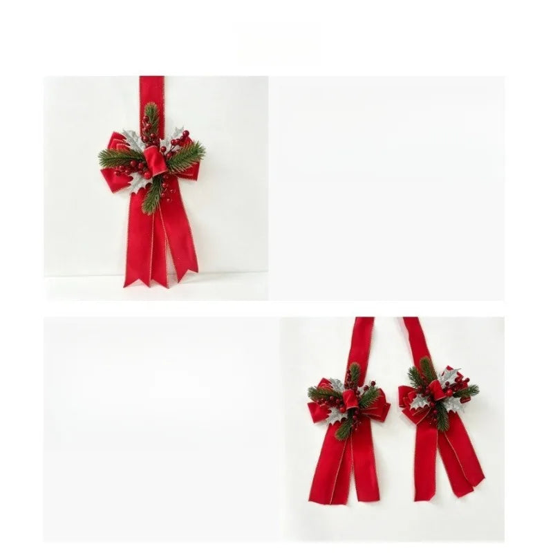 Christmas Bow Hanging Decoration with Red Berries Pine Needles Gold Silver Edged Velvet Bow for Door or Window Christmas Decor