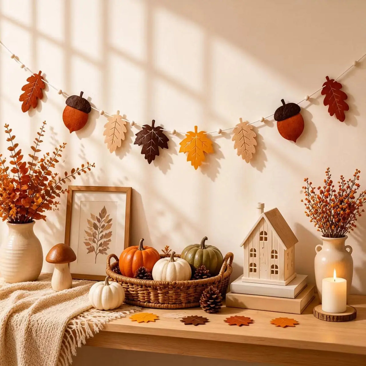 Felt Fall Garland Autumn Leaf Acorn Banner Rustic Thanksgiving Decorations For Home Fireplace Mantel Harvest Party Wall Decor