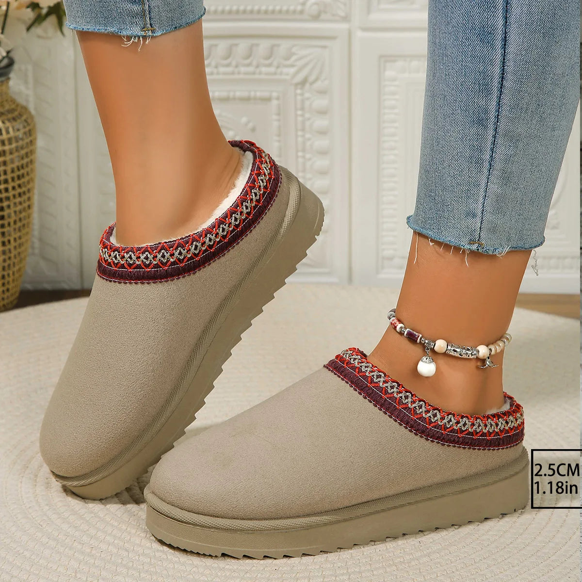 Snow Boots Women Winter New Cashmere Warm Thick Soles Without Heel-covered Hair Half Slipper Cotton Shoes Cashmere Warm Boots