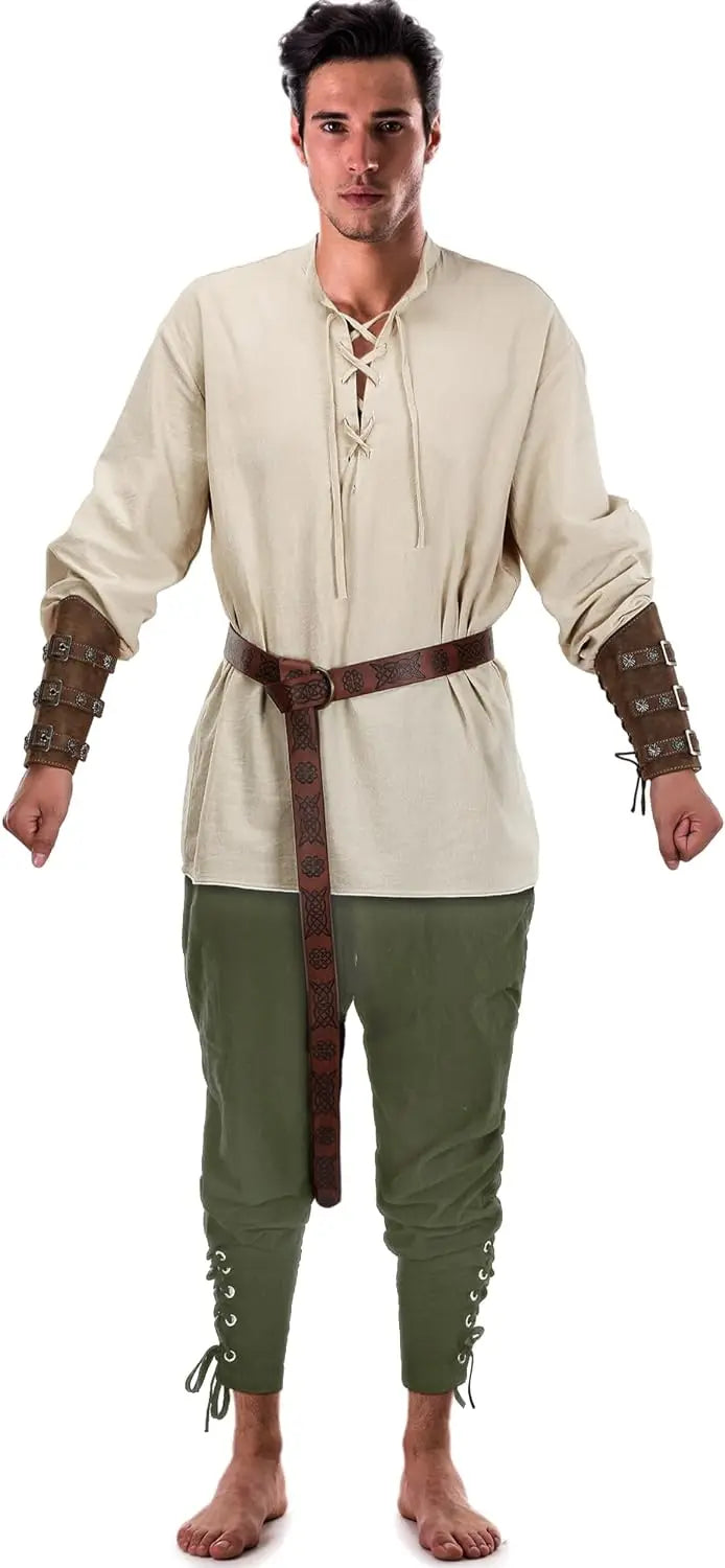 4 Pcs Halloween Men's Renaissance Costume Set Medieval Pirate Shirt Ankle Banded Pants Viking Belt Accessories
