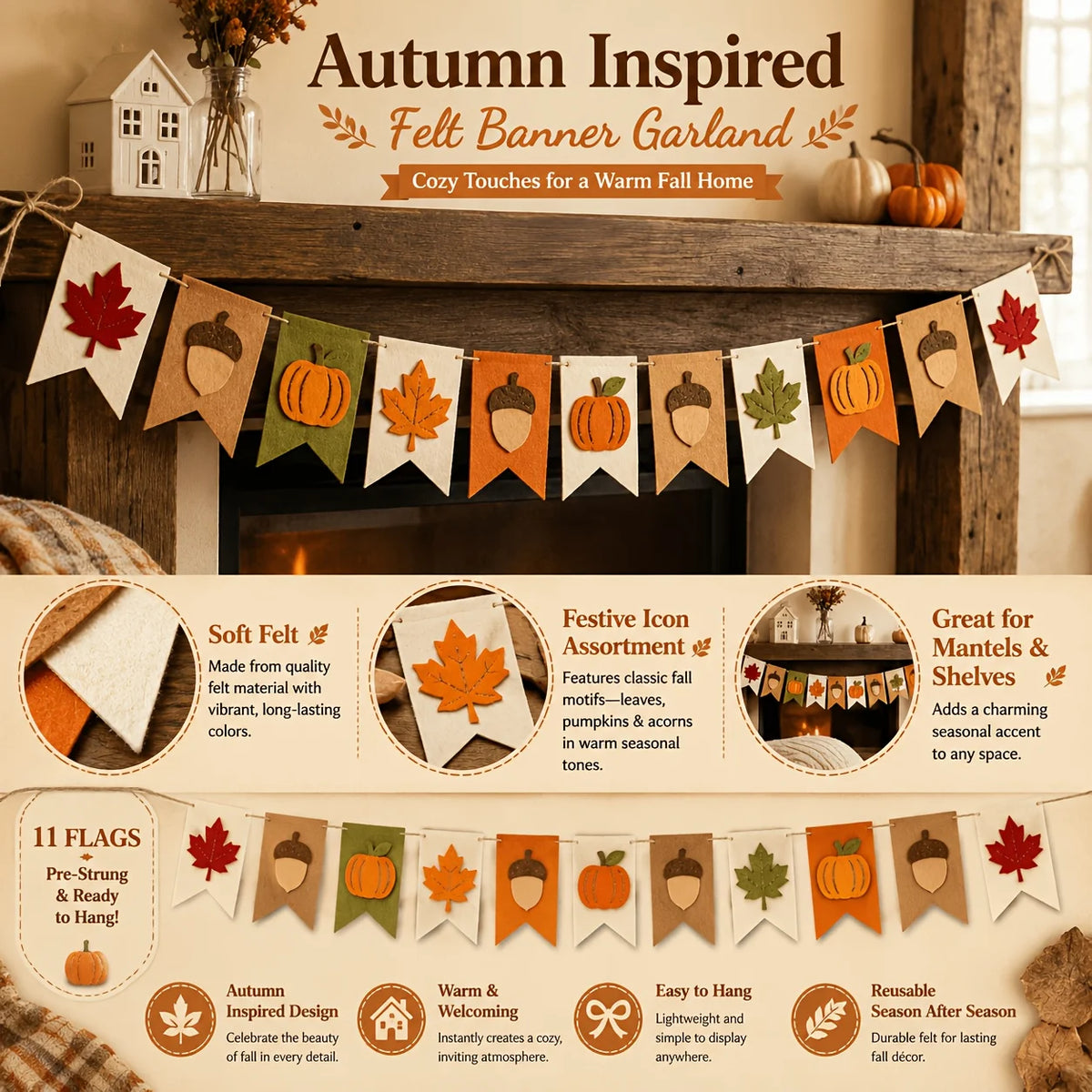 Fall Harvest Felt Banner Pumpkin Maple Leaf Acorn Garland Flag Autumn Thanksgiving Home Fireplace Mantel Party Hanging Decor