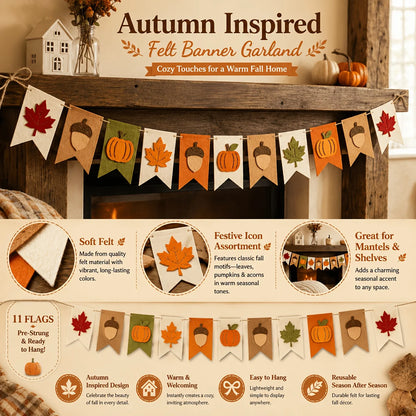 Fall Harvest Felt Banner Pumpkin Maple Leaf Acorn Garland Flag Autumn Thanksgiving Home Fireplace Mantel Party Hanging Decor