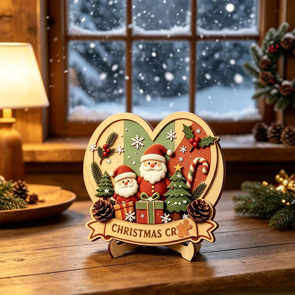 Christmas 2D Wooden Tabletop Decor with Stand Santa Snowman Reindeer Ect. Xmas Holiday Desktop Decor for Home Party