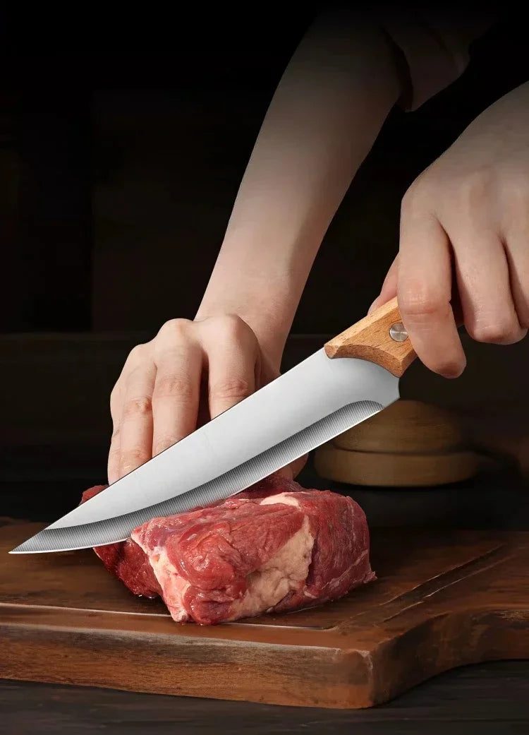 Stainless Steel Fillet Boning Knife Professional Chef's Kitchen Knife Forged Meat Cleaver Fish Slicing Knife Wooden Handle