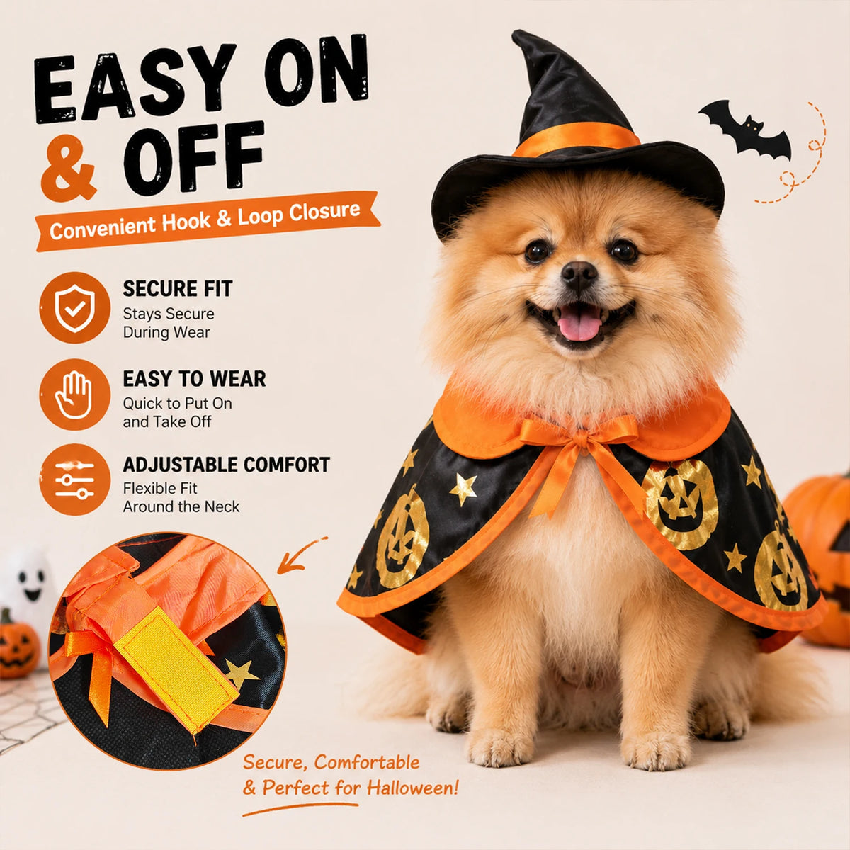 Halloween Witch Costume for Cats & Small Dogs, Black Pet Cape with Witch Hat, Gold Pumpkin Star Print, Adjustable Hook Loop