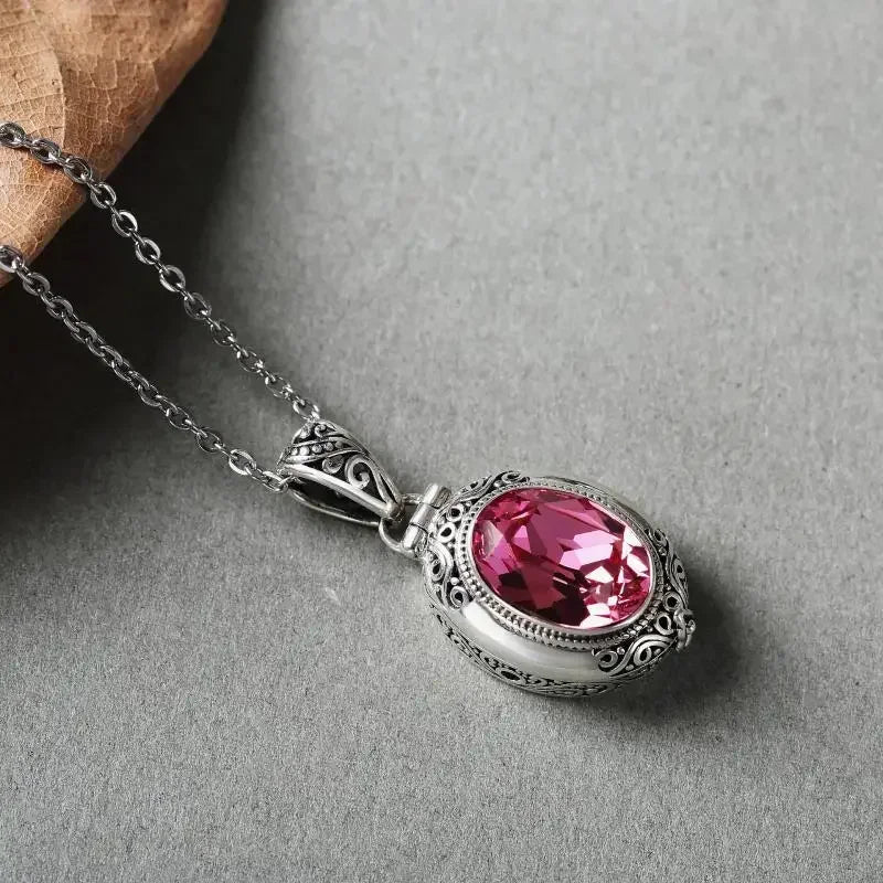 Can Open Bronze Mirror Box Pendant Women\'s Charm Retro Necklace Exquisite Handicrafts Oval Imitation Jade Jewelry Birthday Gift