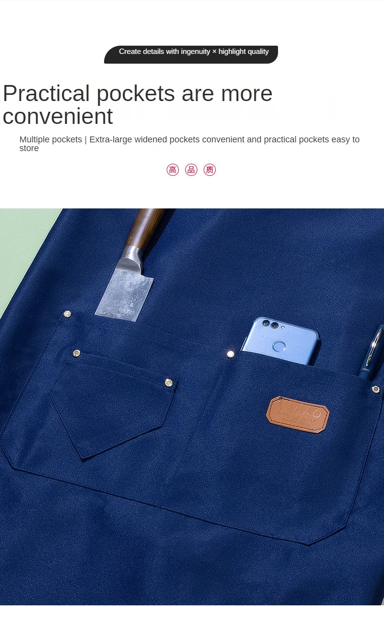Customized Embroidery Brand Logo Waterproof Signature  Kitchen Aprons Home Chef Baking Clothes With Pockets Adult Bib Waist Bag