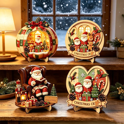 Christmas 2D Wooden Tabletop Decor with Stand Santa Snowman Reindeer Ect. Xmas Holiday Desktop Decor for Home Party