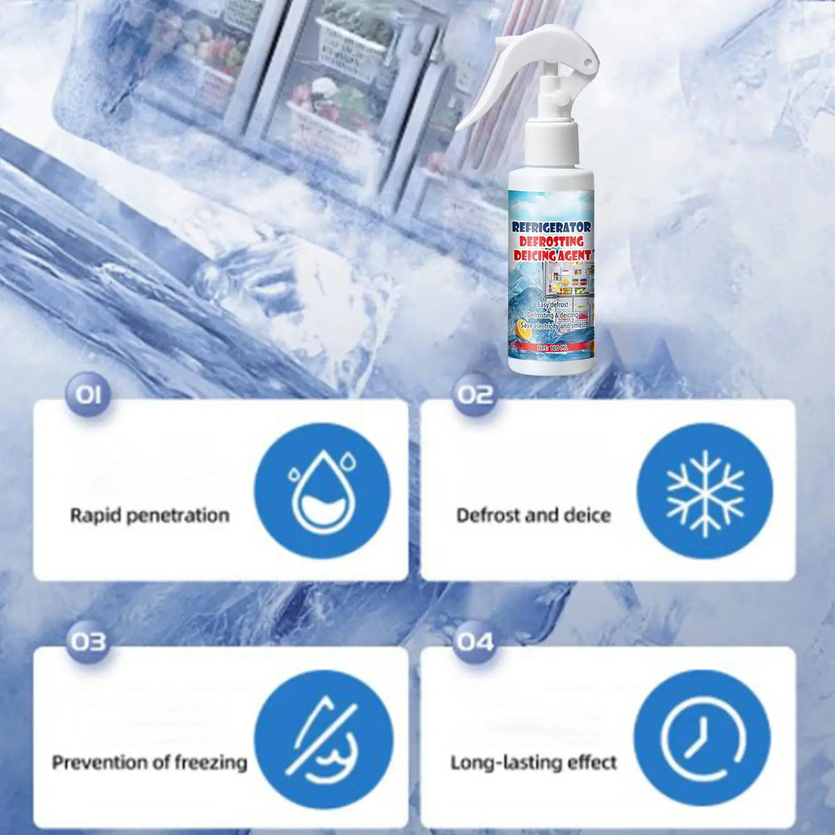 Freezer Frost Remover 100/120ml Fridge Freezer Defrosting Spray Ice Removal Spray Quickly Removes Ice Buildup Spray with Shovel