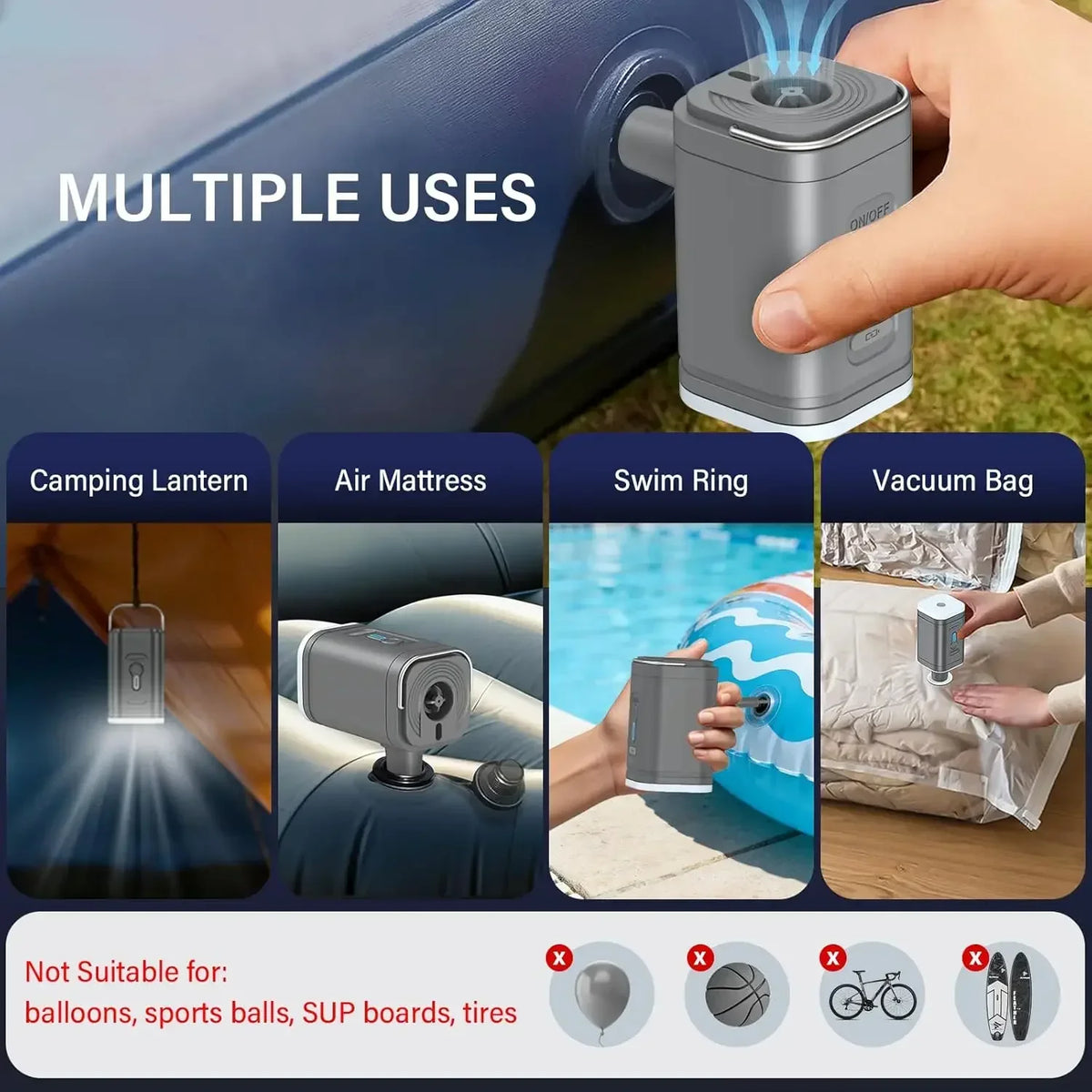 Mini Portable Air Pump 1200mAh USB Rechargeable Wireless Inflator Deflator for Camping Mattress Pool Float Boat Fast Inflation