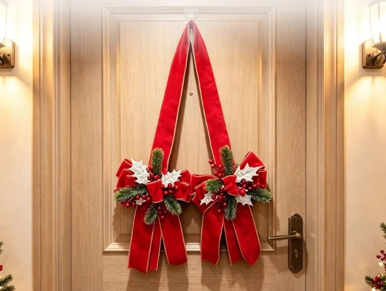 Christmas Bow Hanging Decoration with Red Berries Pine Needles Gold Silver Edged Velvet Bow for Door or Window Christmas Decor