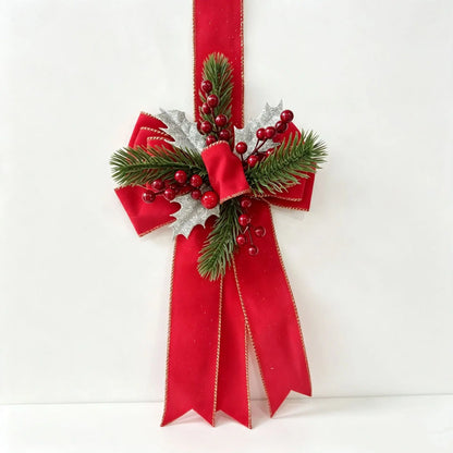 Christmas Bow Hanging Decoration with Red Berries Pine Needles Gold Silver Edged Velvet Bow for Door or Window Christmas Decor