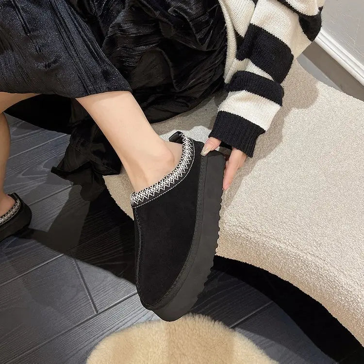 Snow Boots for Women 2024 Winter New Cashmere Warm Platform Without Heel-covered Hair Half Slipper Cotton Shoes for Women Q426