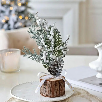 Desk Christmas Tree Ornament with Wood-Look Base for Winter Rooms D0LD
