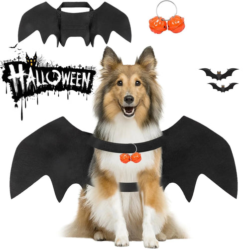 Halloween Pet Bat Wings Costume Cat Dog Clothes with 2 Pumpkin Bells Cosplay Outfit for Small Cats Dogs Party Dress Up Fun