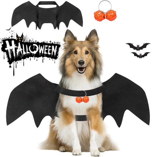 Halloween Pet Bat Wings Costume Cat Dog Clothes with 2 Pumpkin Bells Cosplay Outfit for Small Cats Dogs Party Dress Up Fun