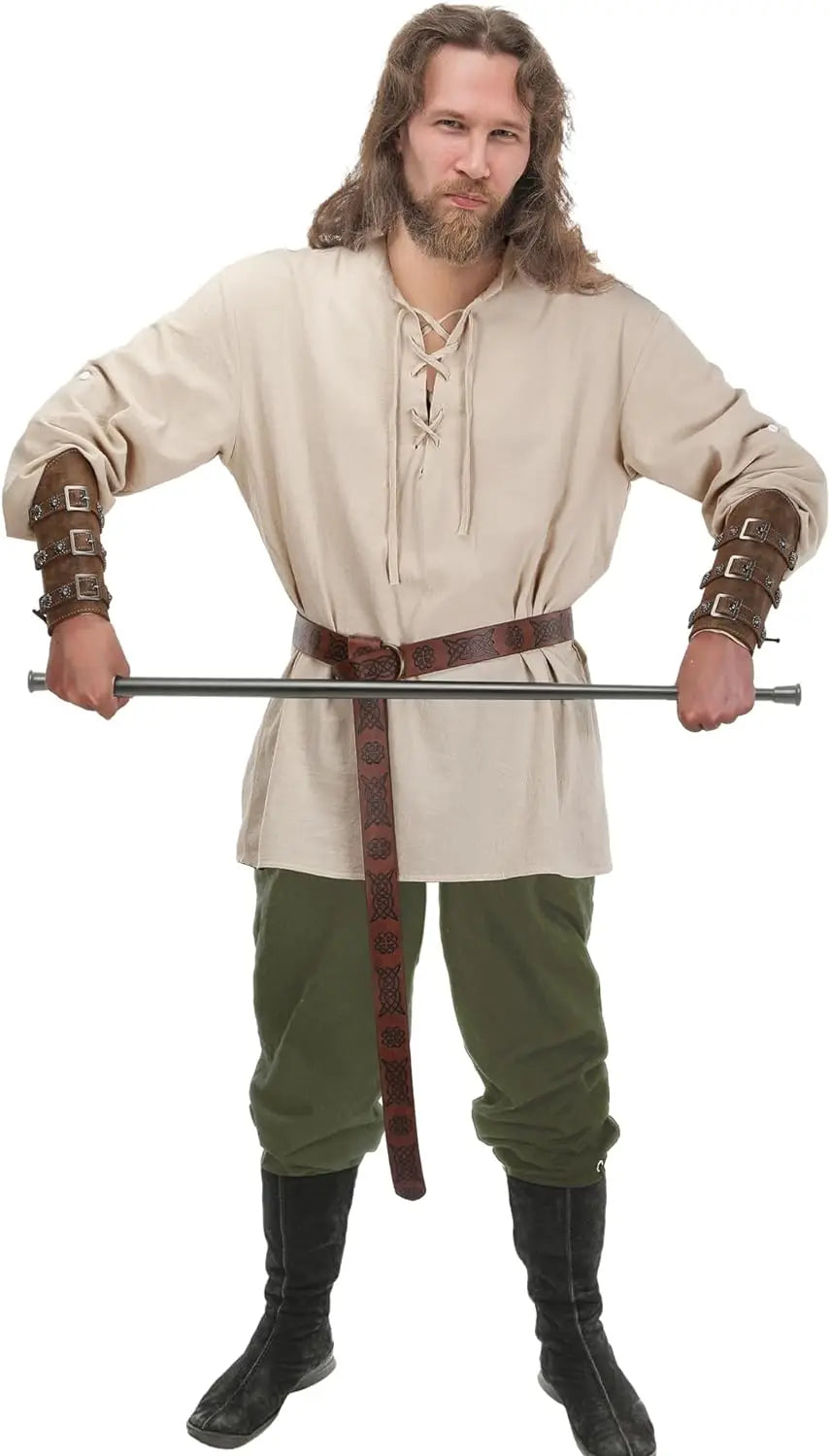 4 Pcs Halloween Men's Renaissance Costume Set Medieval Pirate Shirt Ankle Banded Pants Viking Belt Accessories