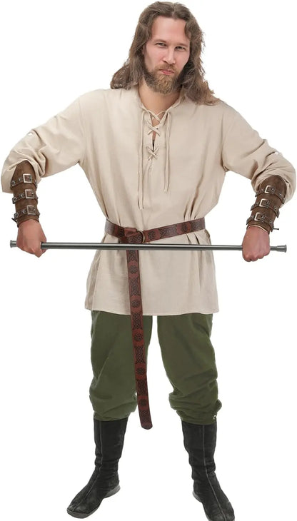 4 Pcs Halloween Men's Renaissance Costume Set Medieval Pirate Shirt Ankle Banded Pants Viking Belt Accessories