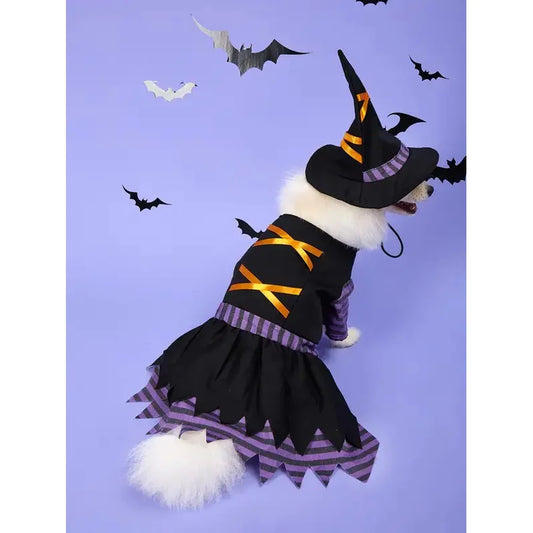 Halloween Pet Witch Costume with Hat Dog Cat Witch Dress Puppy Kitten Cosplay Outfit Holiday Party Fancy Dress