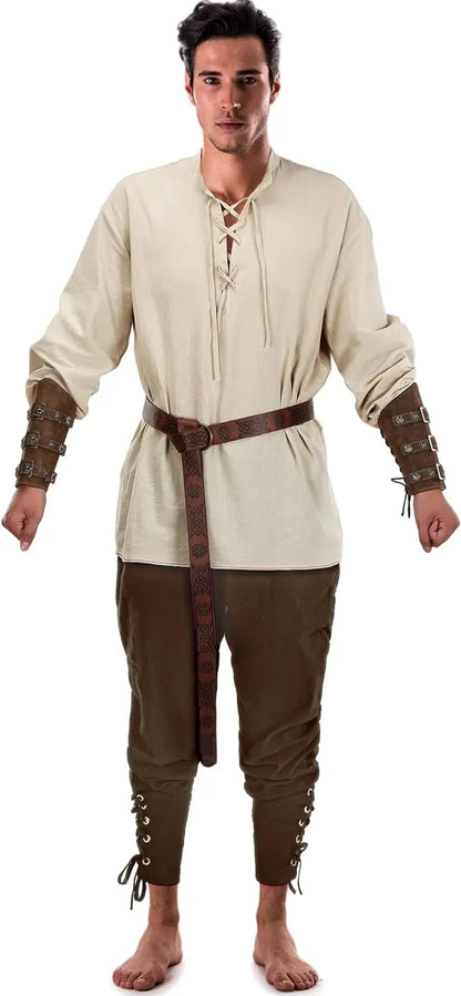 4 Pcs Halloween Men's Renaissance Costume Set Medieval Pirate Shirt Ankle Banded Pants Viking Belt Accessories