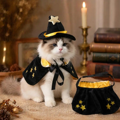 Halloween Pet Cat Witch Costume Black Cape Wizard Hat Moon Star Cloak for Small Medium Dogs Party Cosplay