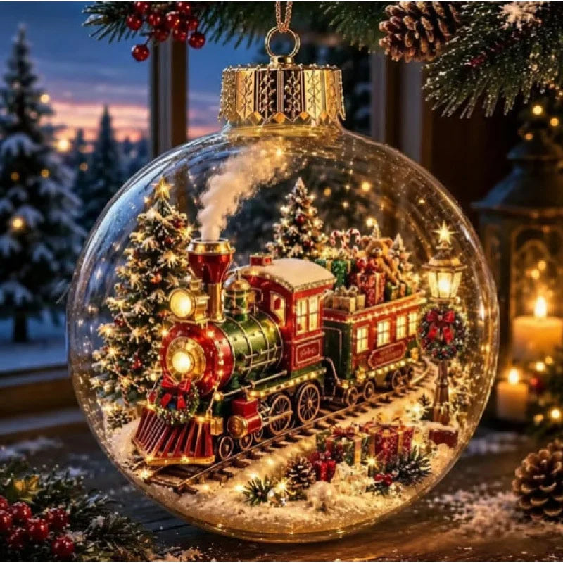 10CM Clear Christmas Ornament Ball Glowing Decor Holiday Scene Christmas Tree Hanging Toy Winter Diorama Bauble for Window Xmas