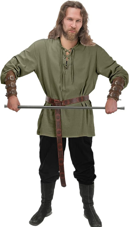 4 Pcs Halloween Men's Renaissance Costume Set Medieval Pirate Shirt Ankle Banded Pants Viking Belt Accessories