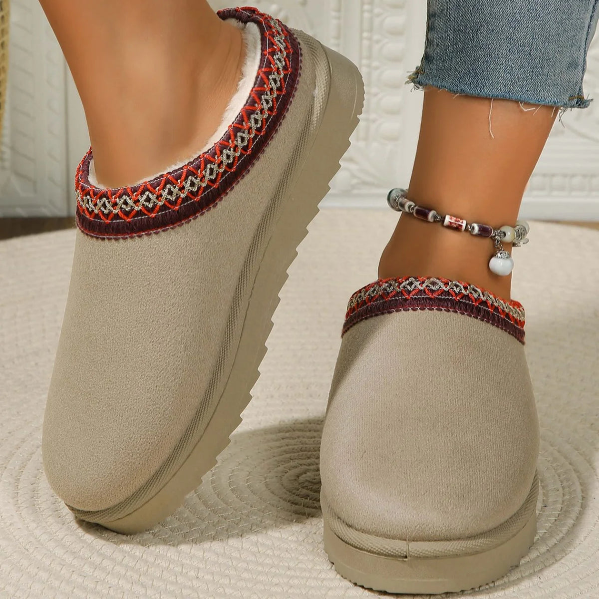 Snow Boots Women Winter New Cashmere Warm Thick Soles Without Heel-covered Hair Half Slipper Cotton Shoes Cashmere Warm Boots