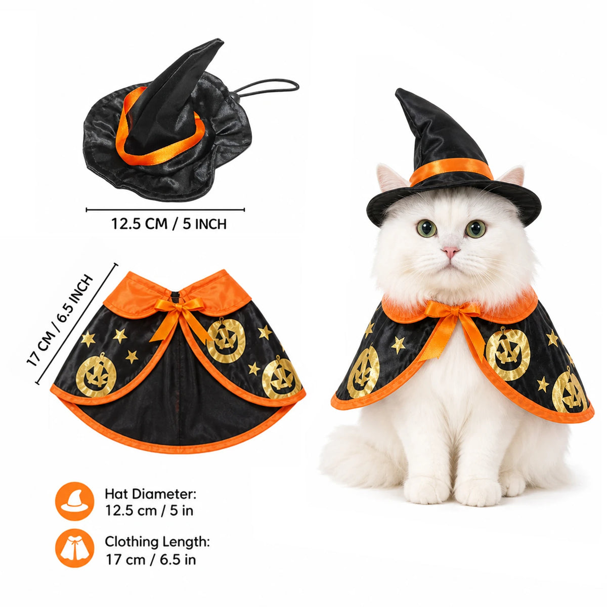 Halloween Witch Costume for Cats & Small Dogs, Black Pet Cape with Witch Hat, Gold Pumpkin Star Print, Adjustable Hook Loop