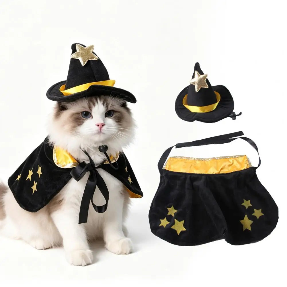 Halloween Pet Cat Witch Costume Black Cape Wizard Hat Moon Star Cloak for Small Medium Dogs Party Cosplay