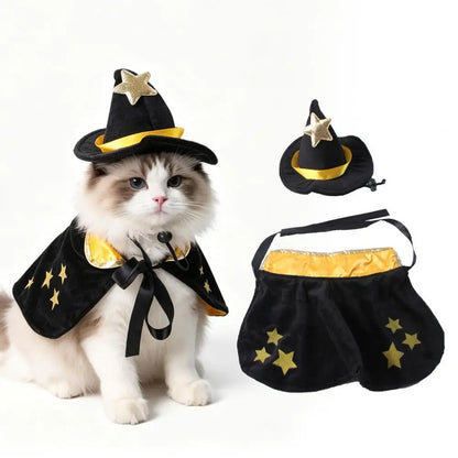 Halloween Pet Cat Witch Costume Black Cape Wizard Hat Moon Star Cloak for Small Medium Dogs Party Cosplay