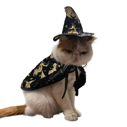 Halloween Pet Cosplay Costume Black Gold Halloween Decoration Wizard Hat Cape Set Printed Cat Dog Suit Party Accessories