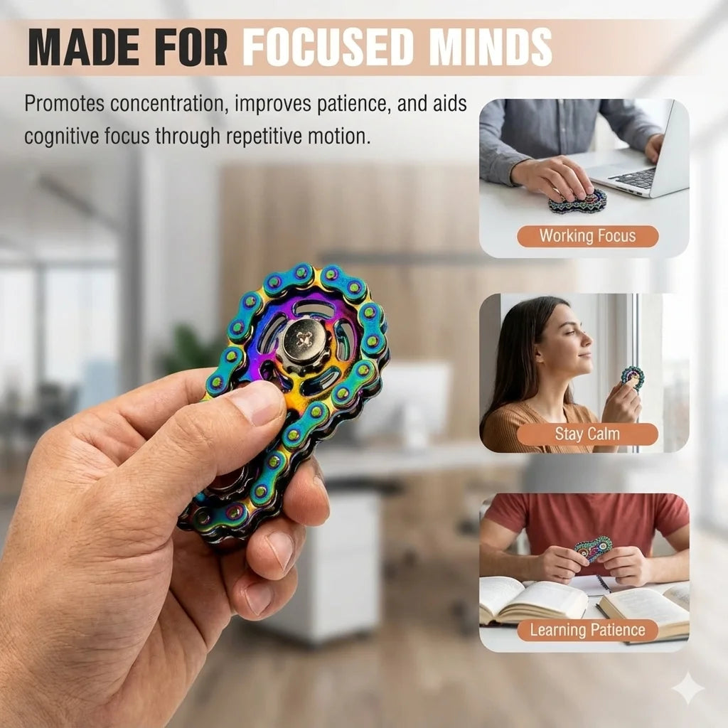 Bicycle Chain Finger Spinner, Silent CNC Machined Stainless Steel Gear Fidget Toy for Adults, Office Stress Relief & Focus Tool,