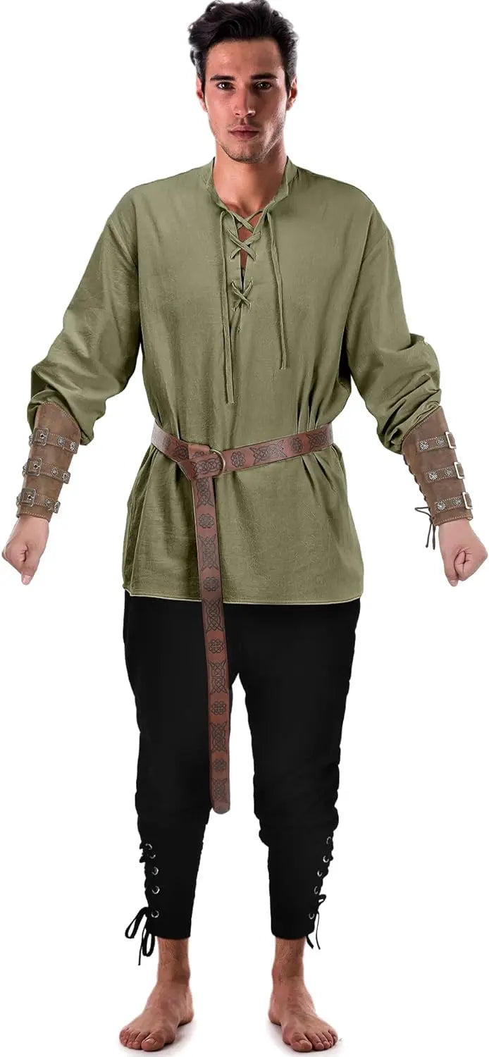 4 Pcs Halloween Men's Renaissance Costume Set Medieval Pirate Shirt Ankle Banded Pants Viking Belt Accessories