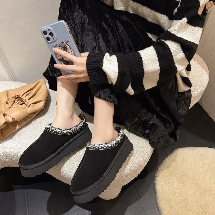 Snow Boots for Women 2024 Winter New Cashmere Warm Platform Without Heel-covered Hair Half Slipper Cotton Shoes for Women Q426