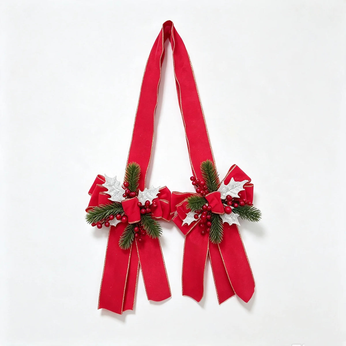 Christmas Bow Hanging Decoration with Red Berries Pine Needles Gold Silver Edged Velvet Bow for Door or Window Christmas Decor
