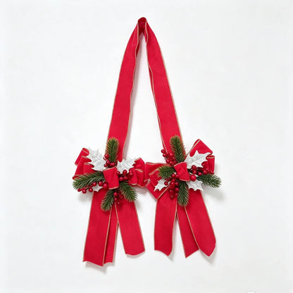 Christmas Bow Hanging Decoration with Red Berries Pine Needles Gold Silver Edged Velvet Bow for Door or Window Christmas Decor