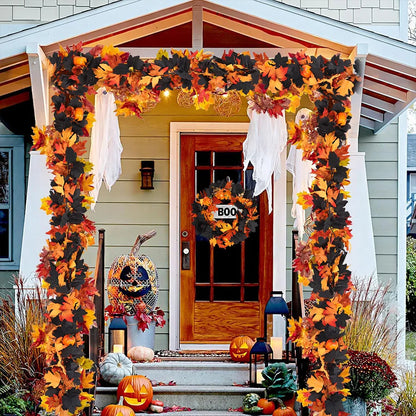 Halloween Garland Decorations Black Fall Leaves Vine with 3D Pumpkin Thanksgiving Harvest Festival Home Fireplace Mantle Decor