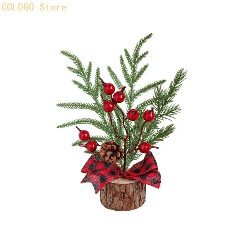 Desk Christmas Tree Ornament with Wood-Look Base for Winter Rooms D0LD