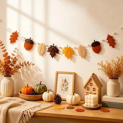 Felt Fall Garland Autumn Leaf Acorn Banner Rustic Thanksgiving Decorations For Home Fireplace Mantel Harvest Party Wall Decor