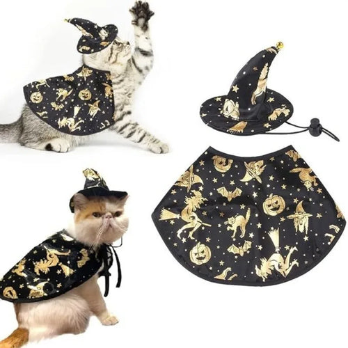 Halloween Pet Cosplay Costume Black Gold Halloween Decoration Wizard Hat Cape Set Printed Cat Dog Suit Party Accessories