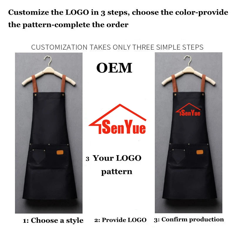 Customized Embroidery Brand Logo Waterproof Signature  Kitchen Aprons Home Chef Baking Clothes With Pockets Adult Bib Waist Bag