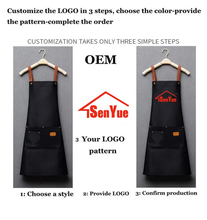Customized Embroidery Brand Logo Waterproof Signature  Kitchen Aprons Home Chef Baking Clothes With Pockets Adult Bib Waist Bag