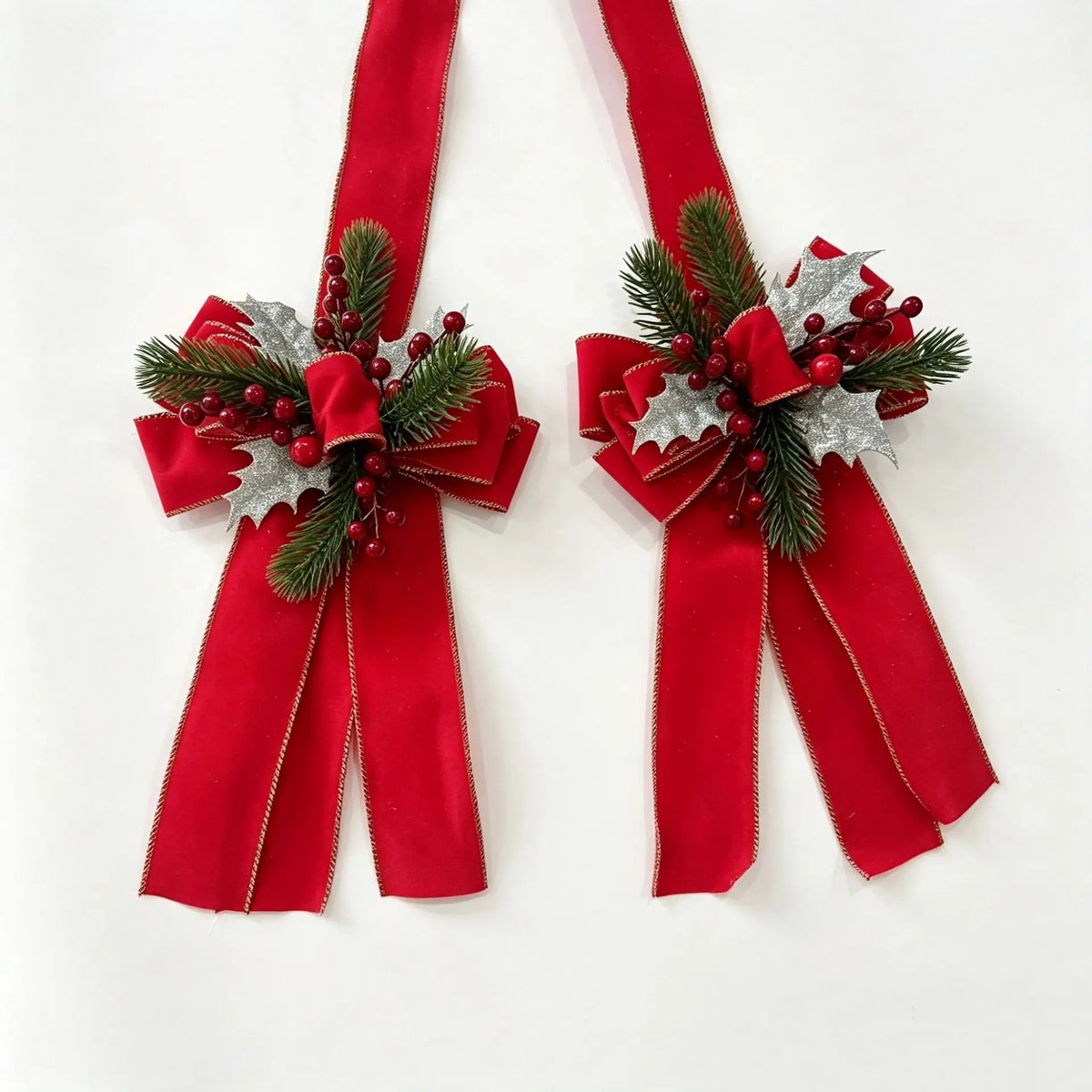 Christmas Bow Hanging Decoration with Red Berries Pine Needles Gold Silver Edged Velvet Bow for Door or Window Christmas Decor
