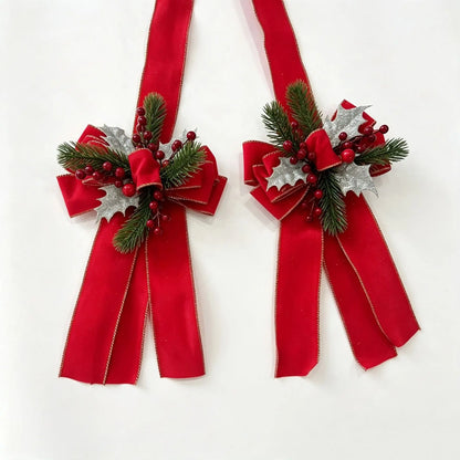 Christmas Bow Hanging Decoration with Red Berries Pine Needles Gold Silver Edged Velvet Bow for Door or Window Christmas Decor