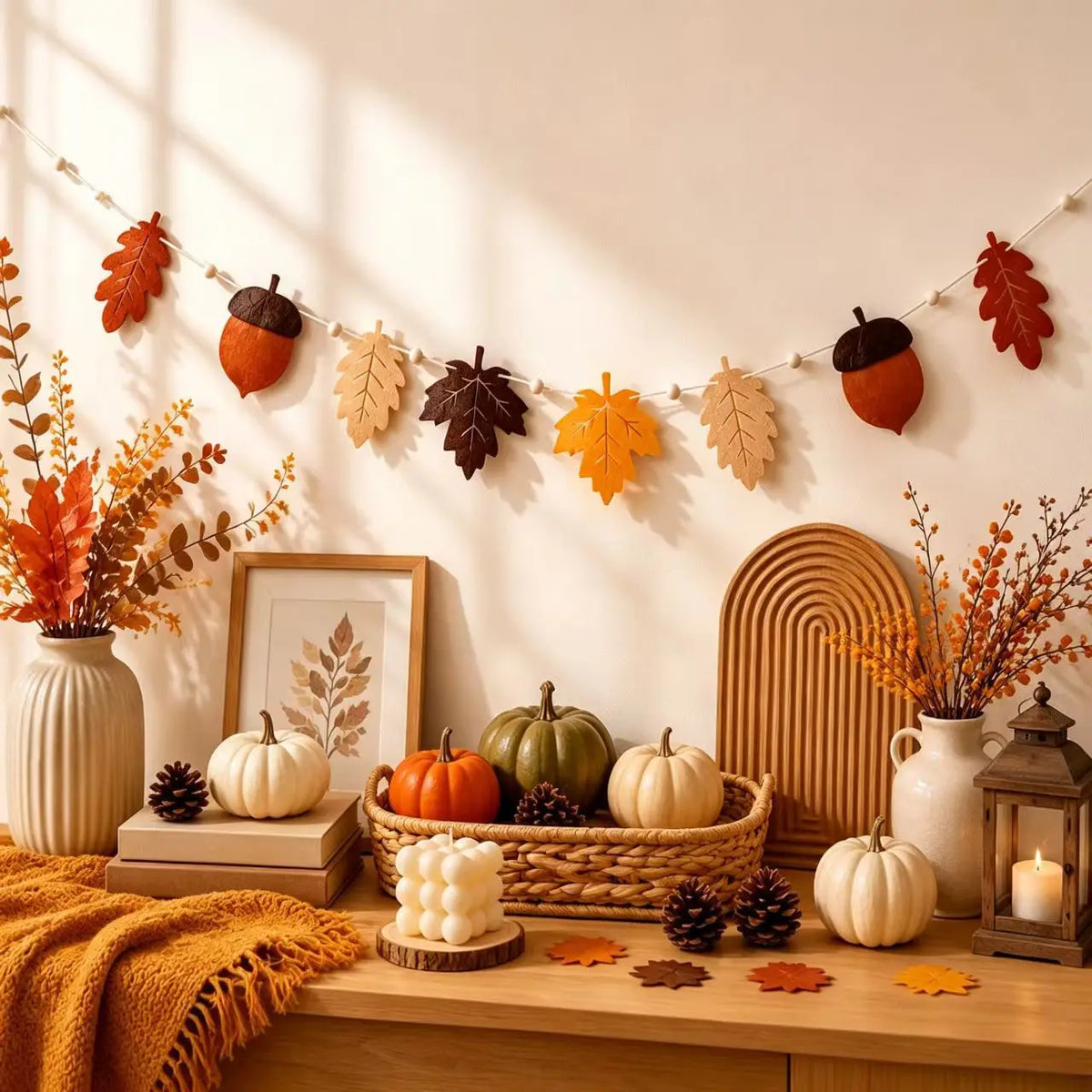 Felt Fall Garland Autumn Leaf Acorn Banner Rustic Thanksgiving Decorations For Home Fireplace Mantel Harvest Party Wall Decor