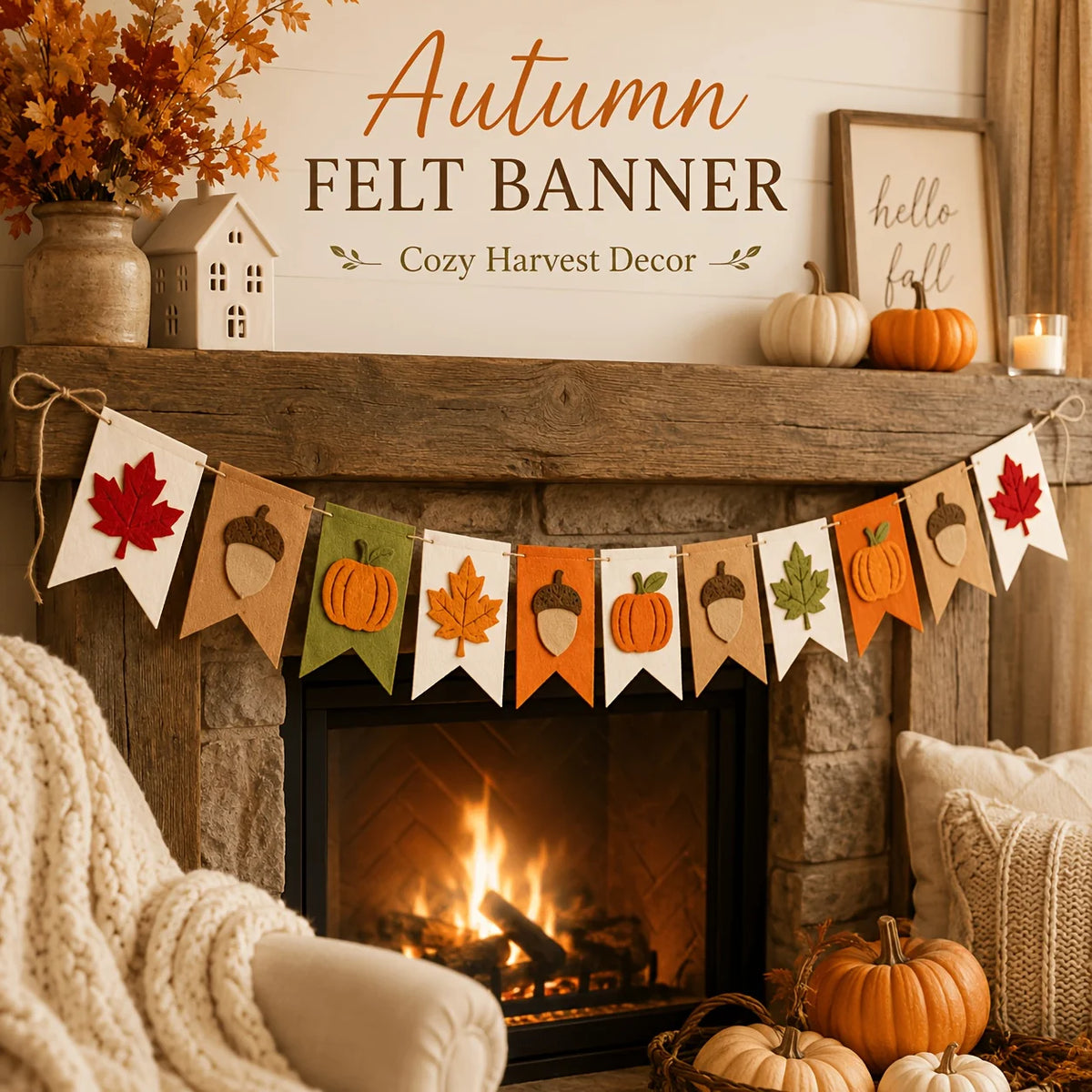 Fall Harvest Felt Banner Pumpkin Maple Leaf Acorn Garland Flag Autumn Thanksgiving Home Fireplace Mantel Party Hanging Decor