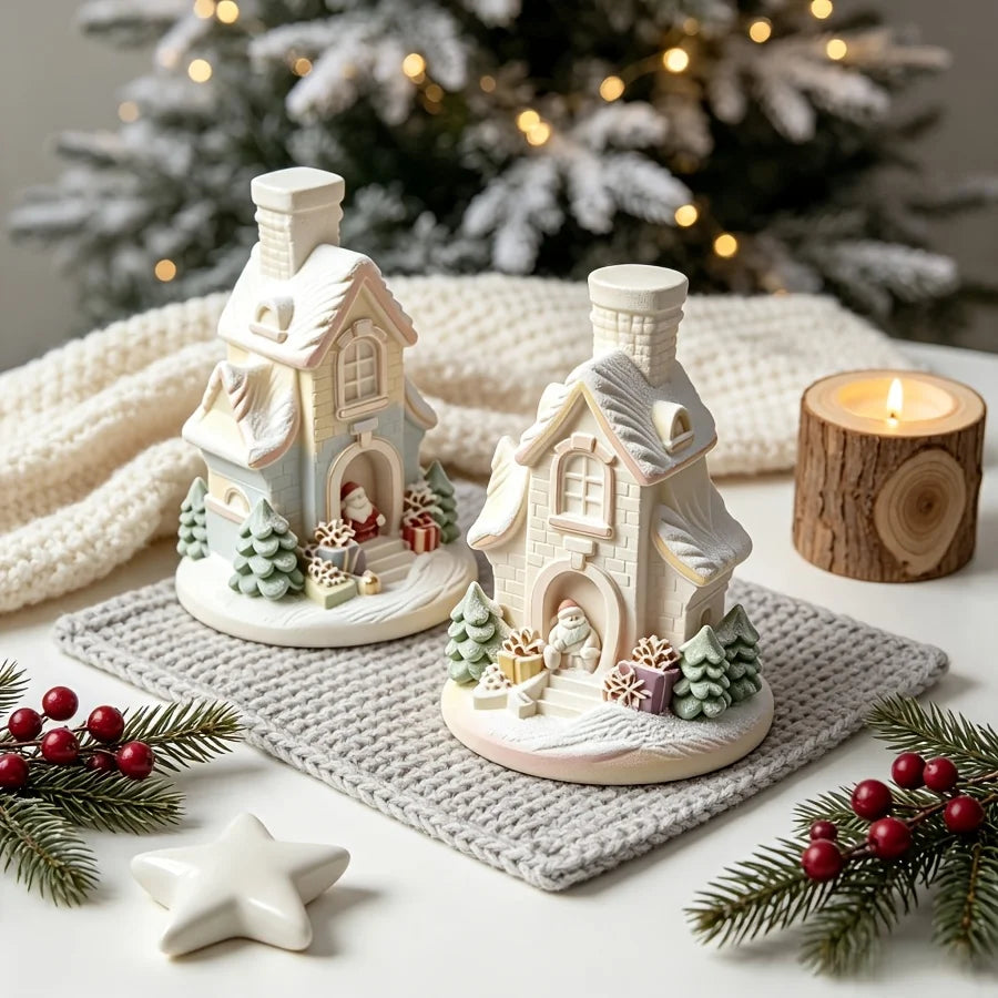 Snow house mold, suitable for resin, silicone mini Christmas house with chimney and pine tree,   fairy tale window decorations,