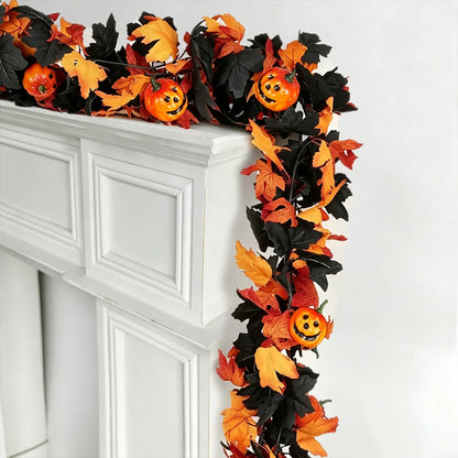Halloween Garland Decorations Black Fall Leaves Vine with 3D Pumpkin Thanksgiving Harvest Festival Home Fireplace Mantle Decor
