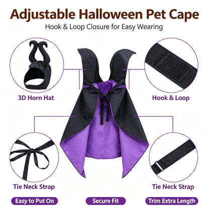 Halloween Dog Cat Costume Hooded Cloak Maleficent Velvet Cape Adjustable Cosplay Party Dress Apparel Funny Witch Holiday Pet